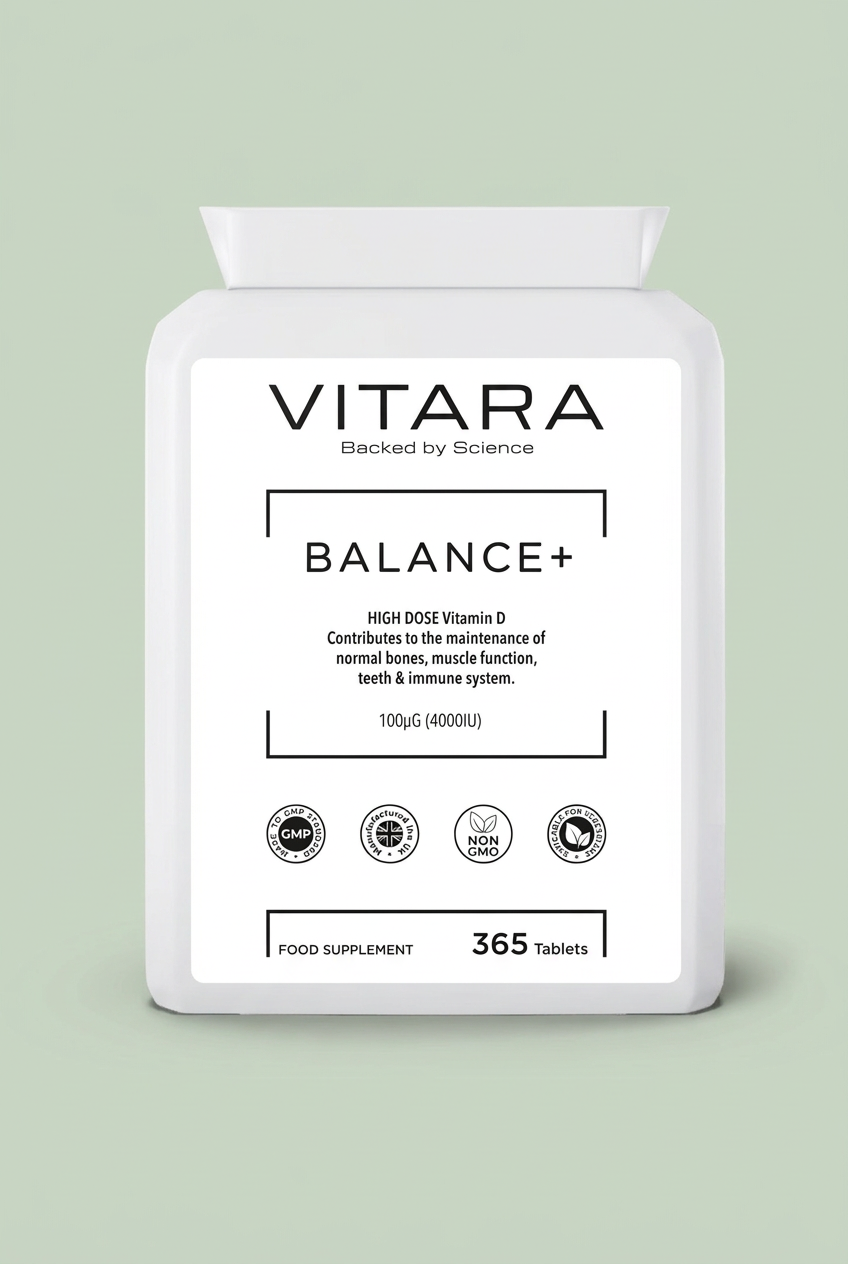 VITARA BALANCE+ Vitamin D bottle on a sage green background