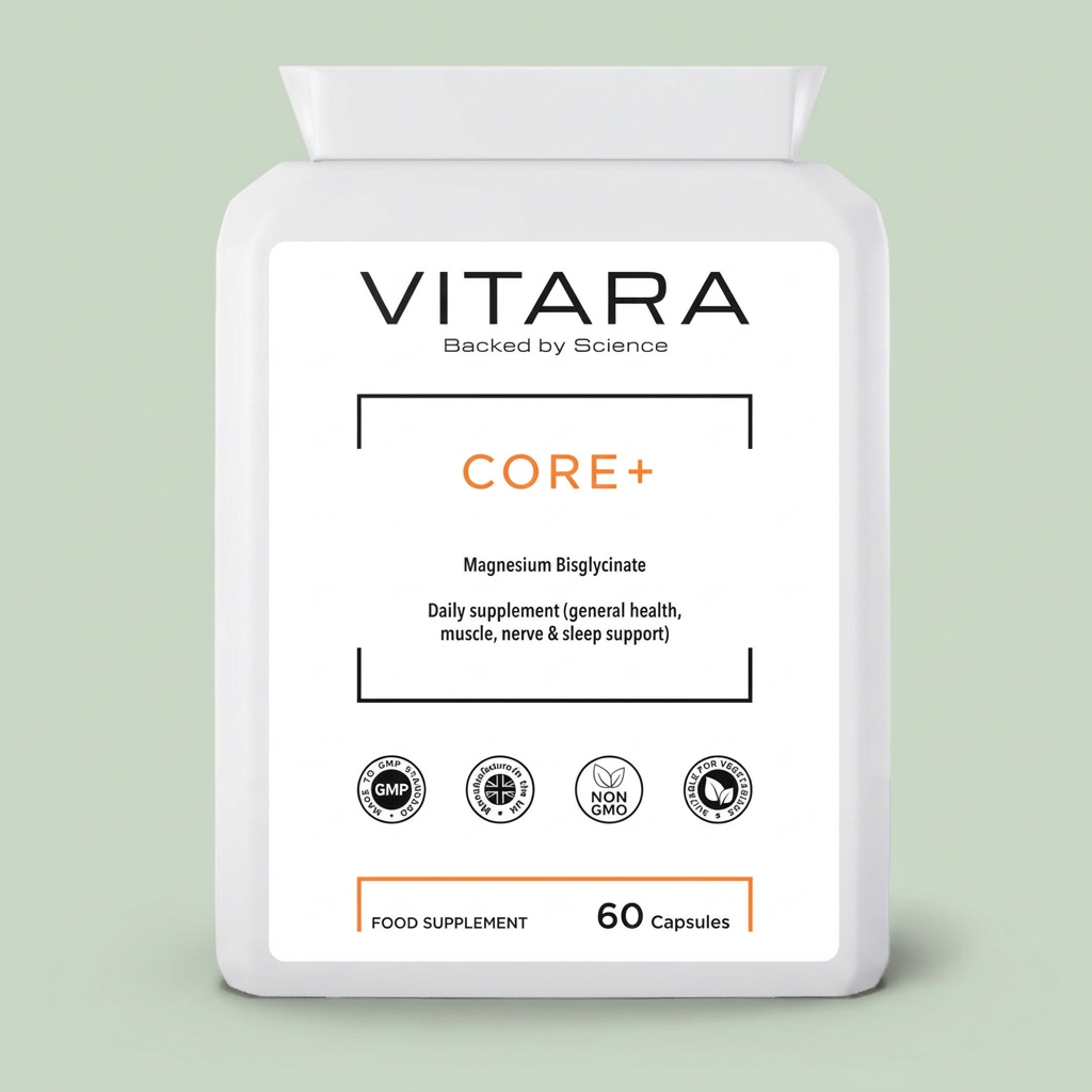 VITARA CORE+ Magnesium Bisglycinate bottle on a sage green background