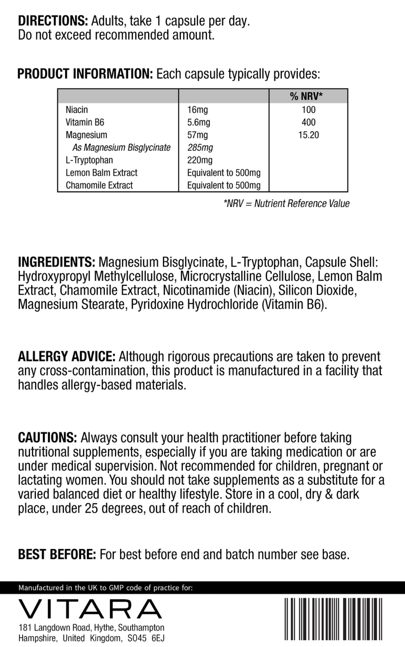 VITARA SLEEP+ L-Tryptophan Complex Supplement