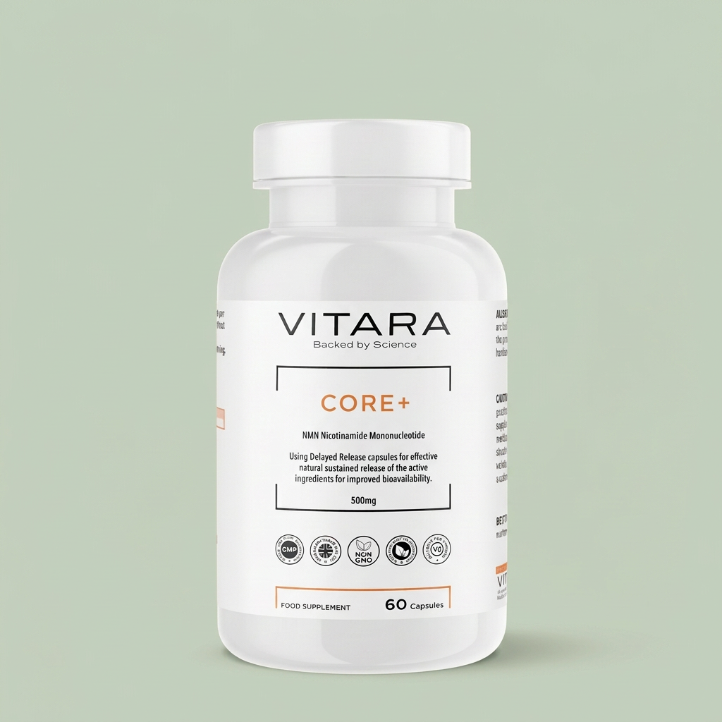 VITARA CORE+ NMN bottle on a sage green background