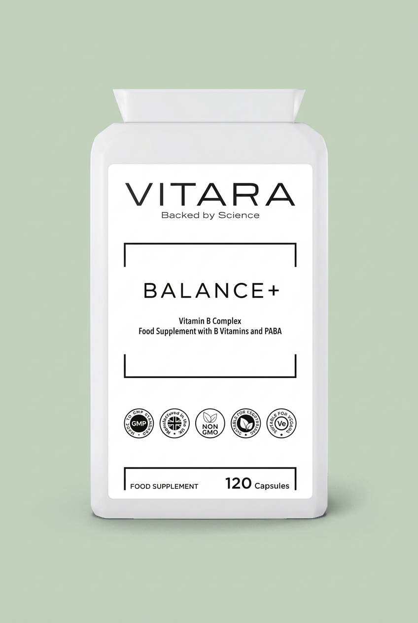 VITARA BALANCE+ Vitamin B Complex bottle on a sage green background