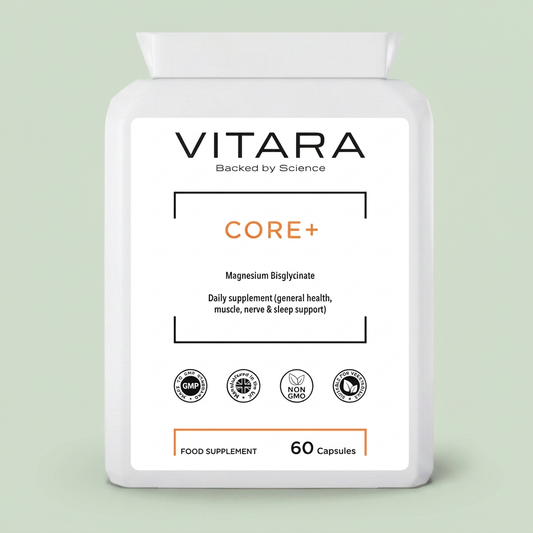 VITARA CORE+ Magnesium Bisglycinate bottle on a sage green background