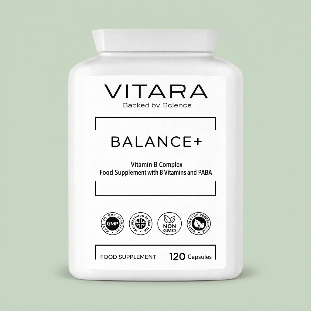 VITARA BALANCE+ Vitamin B Complex bottle on a sage green background