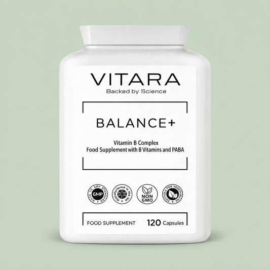VITARA BALANCE+ Vitamin B Complex bottle on a sage green background