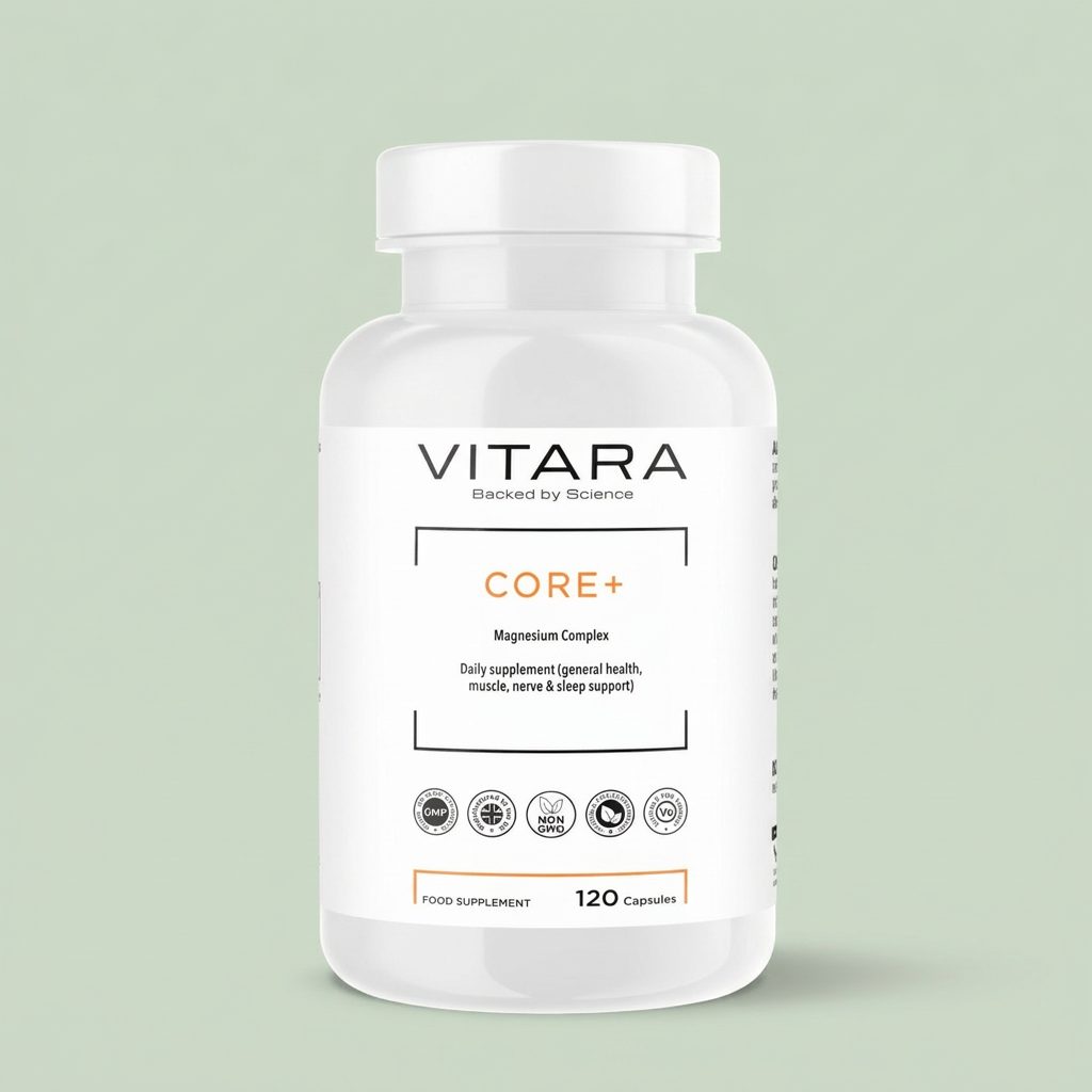VITARA CORE+ Magnesium Complex bottle on a sage green background