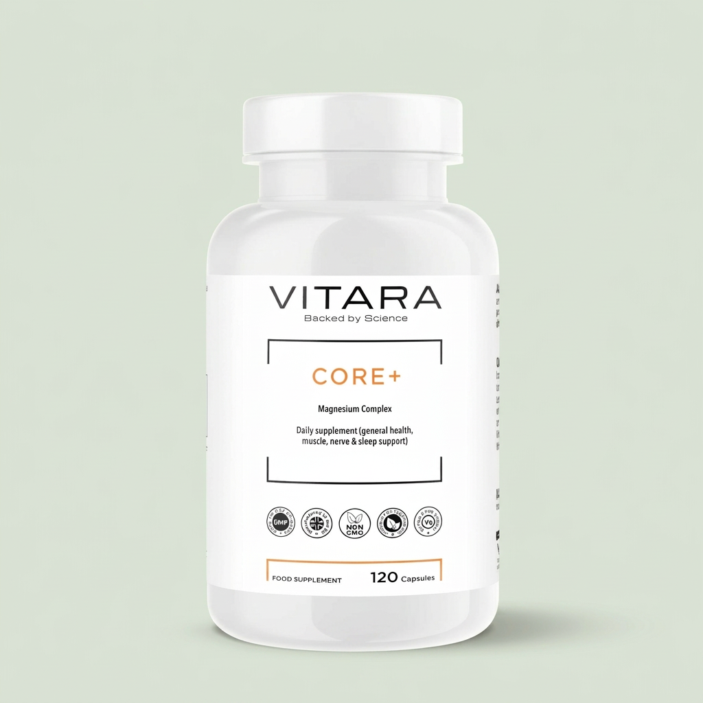 VITARA CORE+ Magnesium Complex bottle on a sage green background