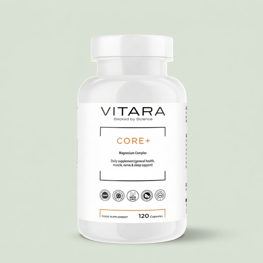 VITARA CORE+ Magnesium Complex bottle on a sage green background