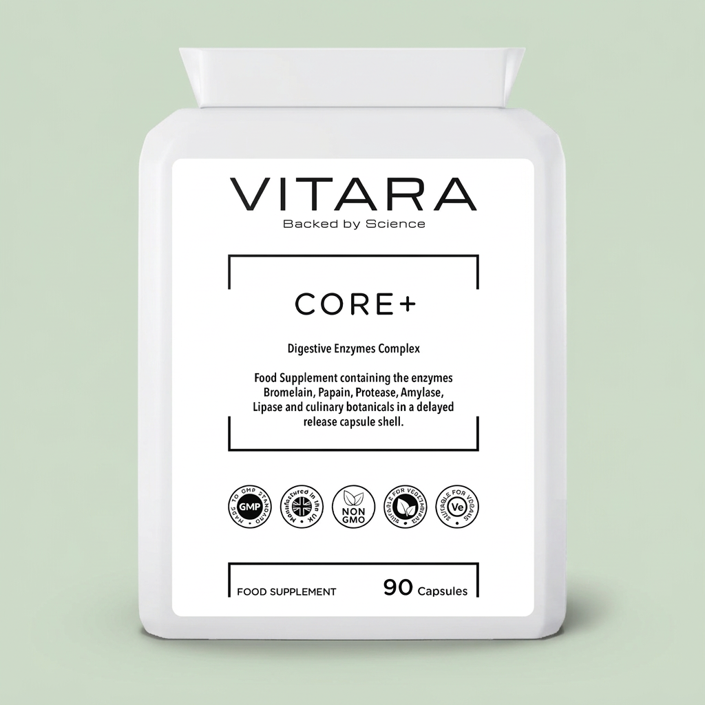 VITARA CORE+ Digestive Enzymes bottle on a sage green background