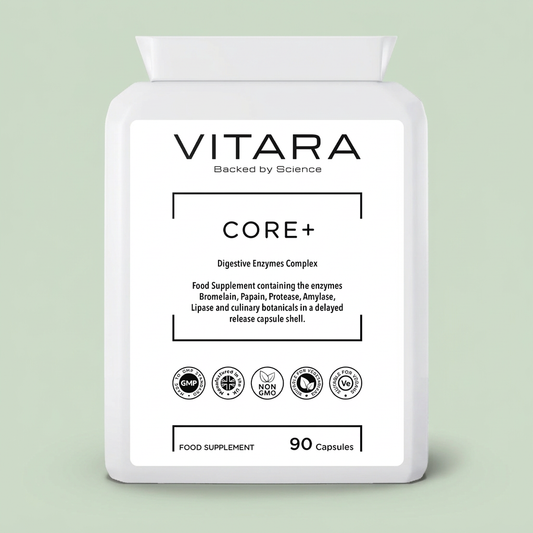 VITARA CORE+ Digestive Enzymes bottle on a sage green background