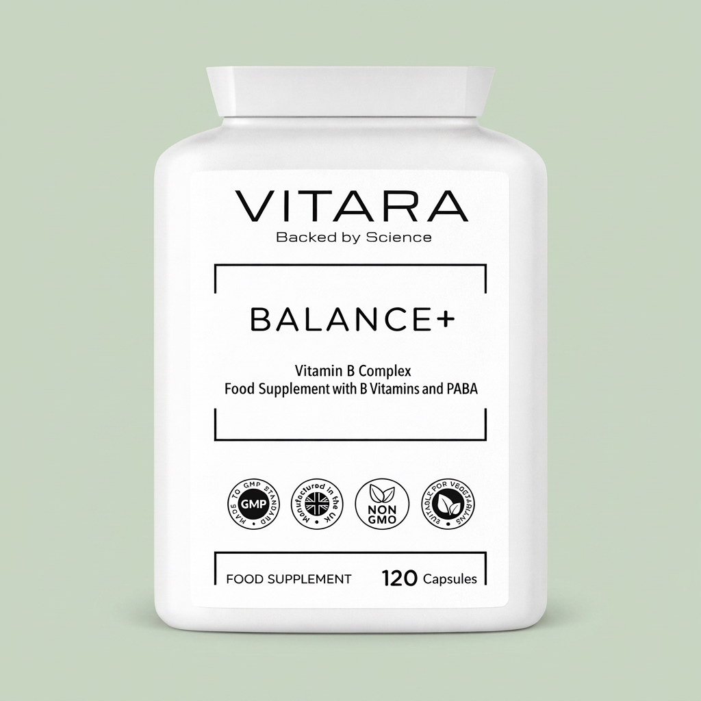 VITARA BALANCE+ Vitamin B Complex bottle on a sage green background