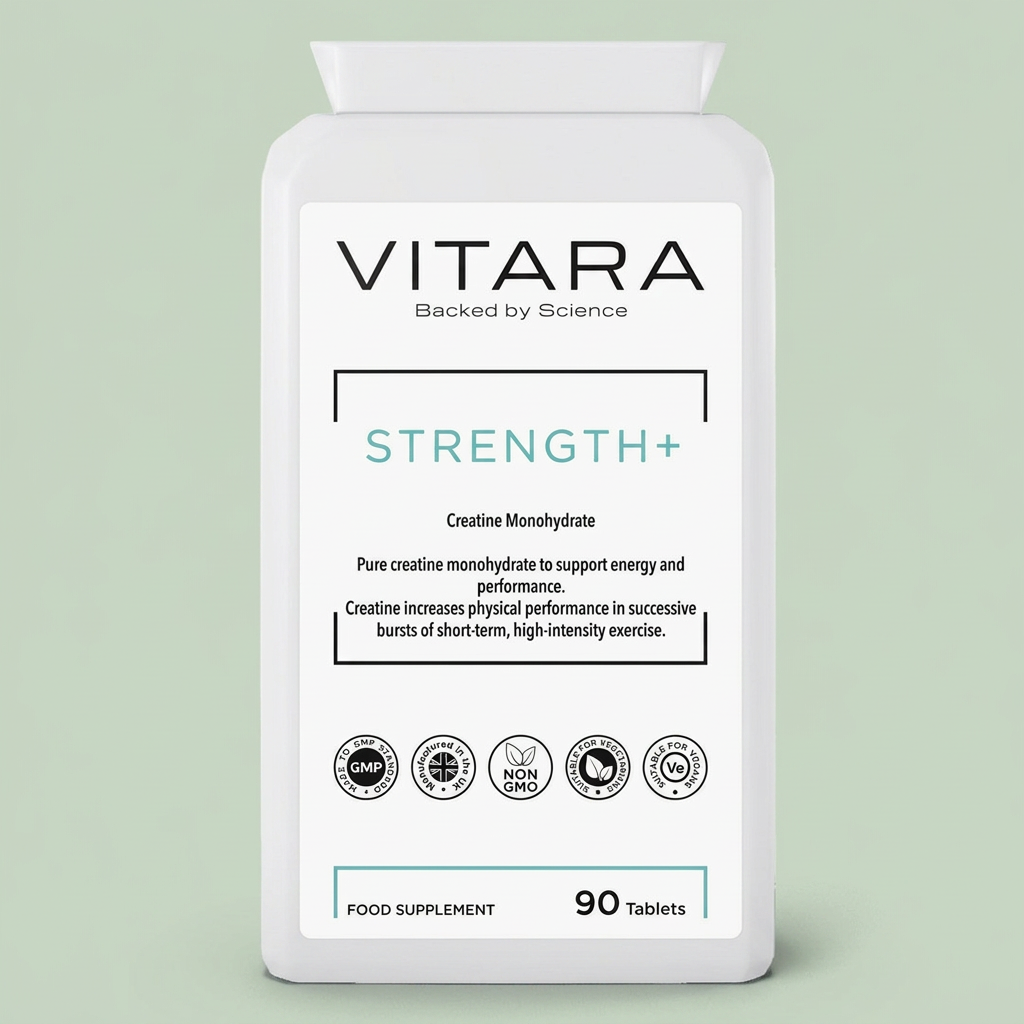 VITARA STRENGTH+ Creatine bottle on a sage green background
