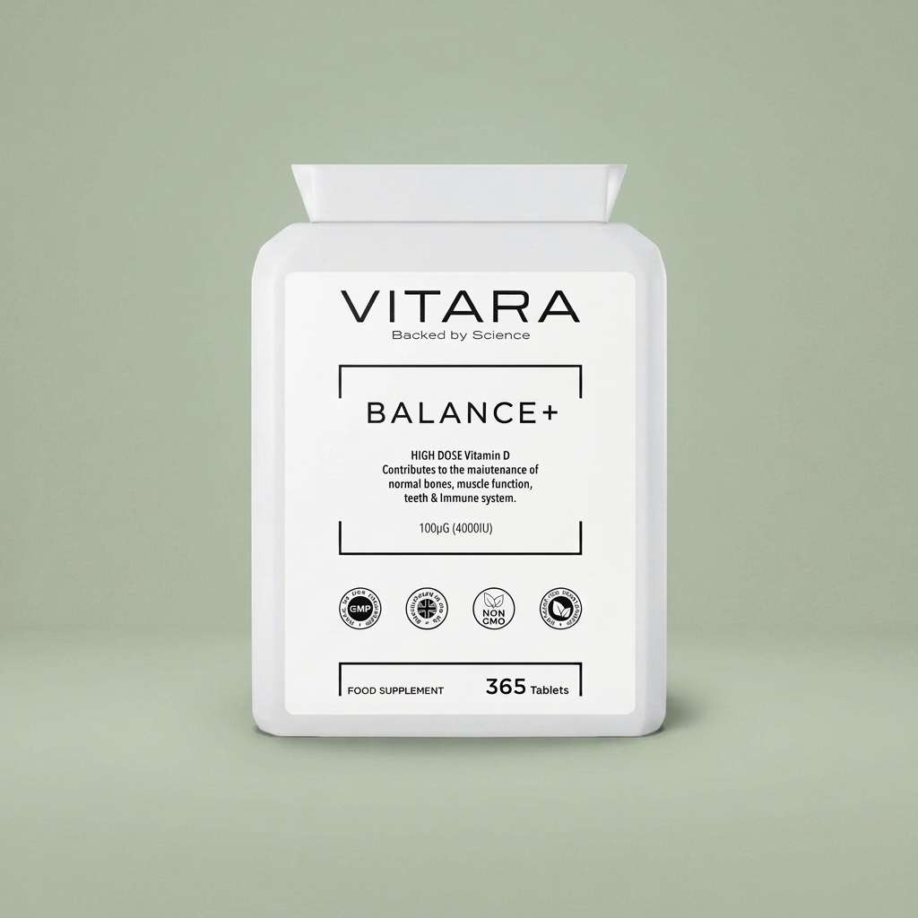 VITARA BALANCE+ Vitamin D3 bottle on a sage green background