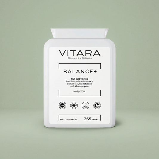 VITARA BALANCE+ Vitamin D3 bottle on a sage green background